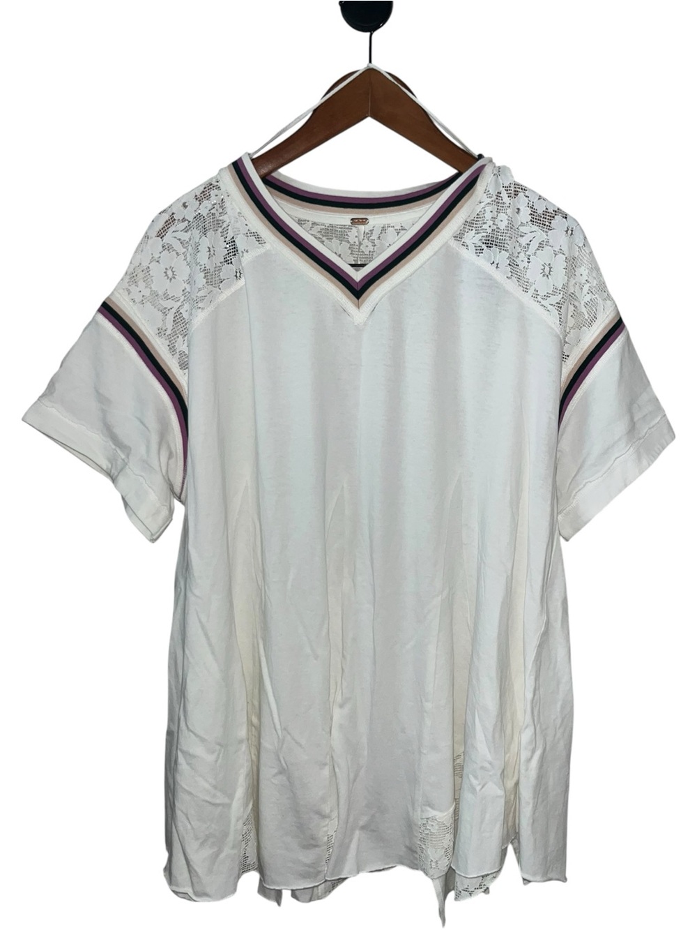 Free People White Lace-Shoulder V-Neck Tee with Rugby Style Stripe.